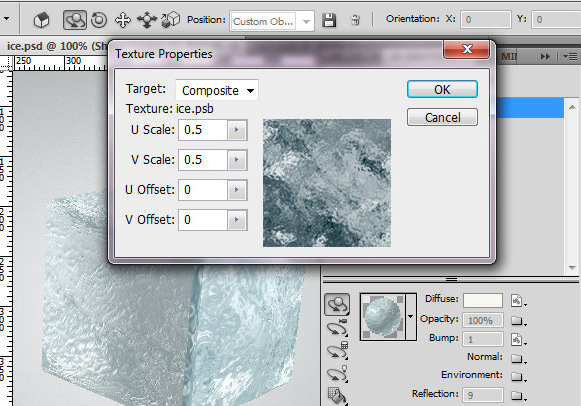 Ice cube 3D photoshop tools tutorial. 3D scene ice cube and cherry inside, ice txture effect in photoshop, ice reflection, 3D rendering, 3D light effects, realistic ice effectt, winterphotoshop  ideas